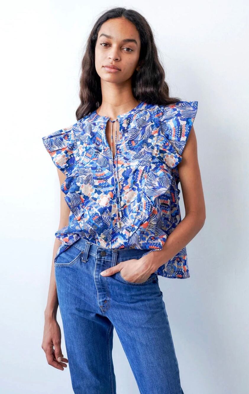 Chufy Dekker Mosaic Flutter Sleeve Gone Jammin Top Blue Multi Guipure Size XS - Picture 1 of 11